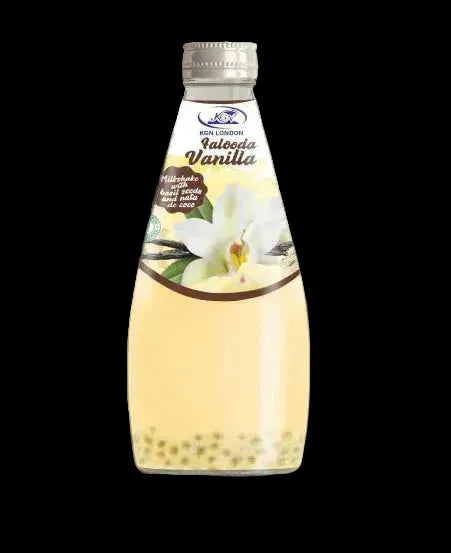 Bottle of vanilla falooda with a white background